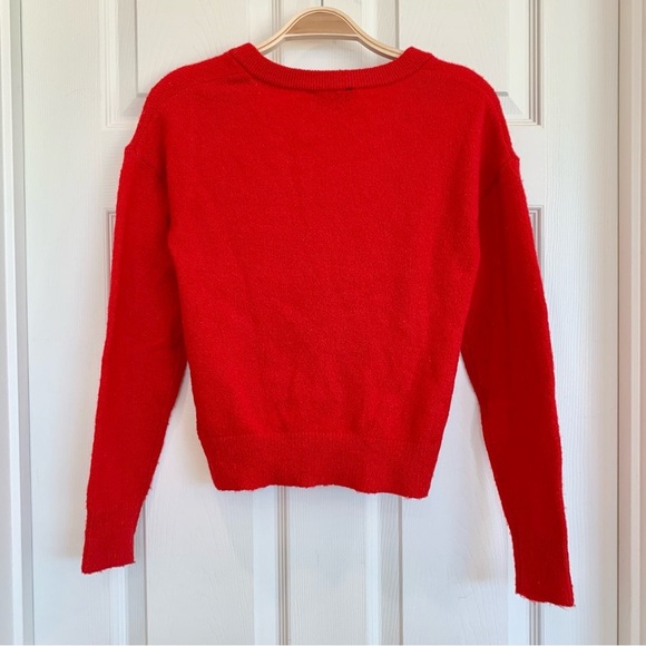❤️ Bright Red Knot-Front Long Sleeves V-Neck Brushed Knit Sweater - Picture 6 of 8